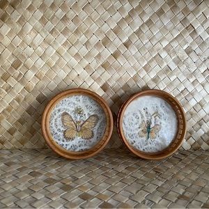 Vintage 1970s MCM pressed real butterfly glass and wooden coaster set of two